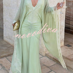 Evita Georgette Lace Trim Kaftan-style Sleeve Ruched Hip Maxi Dress