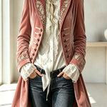 Royal Style Velvet Embroidery Long Sleeve Napoleon Button-down Lapel Coat