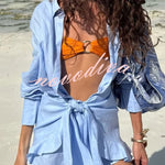 Solid Color Collared Long-sleeved Casual Shirt Style Lace Up Vacation Mini Dress