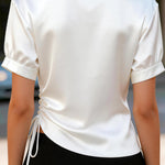 Solid Color Satin V-neck Short-sleeved Side Waist Ruching Casual Top
