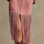 Western Retro Leopard Print Pink Faux Suede Zipper Tassel Midi Dress