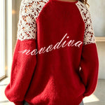 Faux Mink Knit Crochet Flowers Shoulder Wide Neck Long Sleeve Loose Sweater