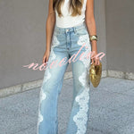 Elegant Street Style Denim Crochet Lace Trim High Rise Pocket Wide Leg Jeans