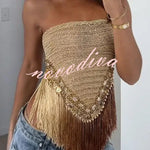 Fashionable Sleeveless Off-shoulder Tassel Hem Strapless Top