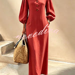 Elegant V-Neck Lantern Sleeve Maxi Dress