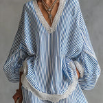 Striped Printed V-neck Lantern Sleeve Lace-trimmed Loose Top and Elastic Waist Casual Wide-leg Pants Set