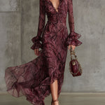 Elegant And Fashionable Burgundy Chiffon Snakeskin Pattern Ruffled Long-Sleeved Maxi Dress