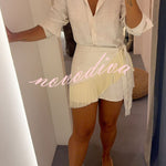 Sorena Linen Blend Button Up Long Sleeve Midi Blouse and Tassel Trim Warp Cover-up Mini Dress Set