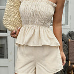 Striped Printed Sleeveless Off-shoulder Ruched Top and Elastic Waist Casual Pocket Shorts Set