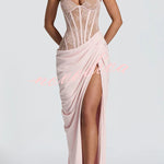 Bonita Floral Lace Contrast Structural Detail Asymmetrical Pleats Halter Slit Maxi Dress
