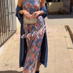 Riviera Unique Print Slit Tank Midi Dress and Satin Kimono Cover-up Two Pieces Set