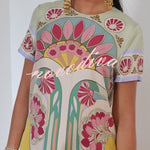 Jazlynn Satin Colorful Baroque Style Printed Short Sleeve Feather Trim Maxi Dress