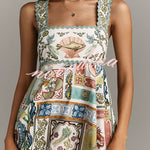 Sea Calling Linen Blend Unique Print Scalloped Detail Back Smocked Pocket Maxi Dress