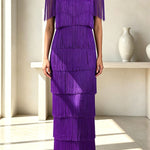 Elowyn Mesh Tiered Tassel Patchwork Round Neck Cape Sleeve Midi Dress