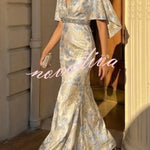 Ellie Floral Textured Diamond-embellished Belt Half Sleeve Mermaid Gown Maxi Dress