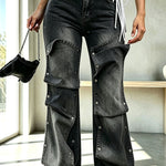 Chic Style Denim Decorative Button-stud Detail High Rise Pocket Loose Jeans