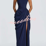 Cyra Back Lace-up Asymmetrical Pleats Strapless Slit Maxi Dress