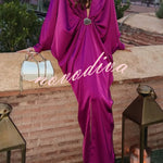 Tina Satin Plunge V-neck Gold Trim Detail Long Batwing Sleeve Maxi Dress
