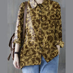 Unique Grey Peter Pan Collar Button Print Fall Blouses Long sleeve