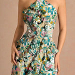 Dream Ode Lily Pad Style Pleats and Ruffles Halter Gown Maxi Dress