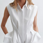 Devon Lapel Button Up Sleeveless Pleated Waist Flare Hem Shirt
