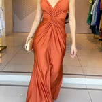 Glow Together Satin Knot Design Shoulder Strap Sleeveless Drape Slit Maxi Dress