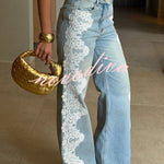 Elegant Street Style Denim Crochet Lace Trim High Rise Pocket Wide Leg Jeans