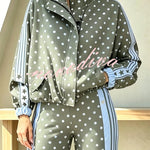 Lucienne Polka Dot Striped Star Print Zipper High Neck Pocket Sporty Jacket