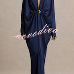 Tina Satin Plunge V-neck Gold Trim Detail Long Batwing Sleeve Maxi Dress