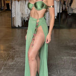 Colored Stones Detail Straps Elastic Bikini and Tulle Lace-up Waist Cover-up Maxi Skirt Three-piece Set