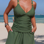 Solid Color V-neck Casual Pocket Stretch Two-piece Swimsuit