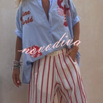 Piper Unique Lobster Ocean Embroidery Pattern Half Sleeve Oversized Shirt