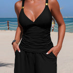 Solid Color V-neck Casual Pocket Stretch Two-piece Swimsuit