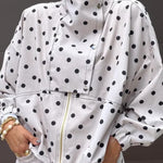 Kadence Polka Dot Zipper Lapel High Neck Drawstring Hem Sporty Jacket