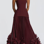 Serafina Strapless Back Lace-up Handcrafted Floral Appliqués Pleated Hem Gown Maxi Dress