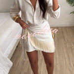 Sorena Linen Blend Button Up Long Sleeve Midi Blouse and Tassel Trim Warp Cover-up Mini Dress Set