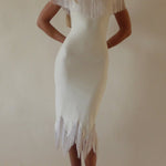 Solid Color V-neck Off-shoulder Slim-fit Tassel Midi Dress