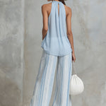 Vacation Light Blue Chiffon Sleeveless Top And Striped Wide-leg Pants Set