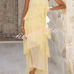 Solid Color Chiffon Halter Neck Elegant Ruffle Maxi Dress