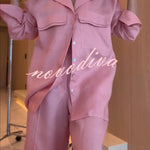 Solyn Linen Blend Double-layer Flap Long Sleeve Shirt and Elastic Waist Pocket Bahamian Shorts Set