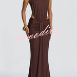 Thekla Stretch Slinky Jersey High Neck Ruched Backless Drape Maxi Dress