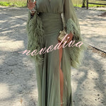 Geisha Lightweight Crepe Feather Trim Sleeve Ruched Waist Slit Maxi Dress