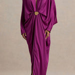 Tina Satin Plunge V-neck Gold Trim Detail Long Batwing Sleeve Maxi Dress