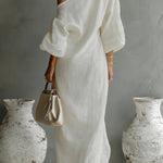 Linen Blend Loose-fitting One-shoulder Lantern Sleeve Casual Pocket Maxi Dress