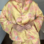 Floral Print Satin Knotted Button Long Sleeve Shirt and Elastic Waist Pocket Wide Leg Pants Set