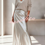 Velma Ribbed Knit V-neck Long Sleeve Relaxed Sweater and Satin Slip Midi Dress