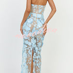 Sienna Floral Embroidered Fabric Off Shoulder Mermaid Silhouette Slit Maxi Dress
