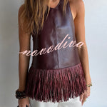 Stylish Halter Neck Sleeveless Leather Tassel Loose Top