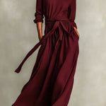 Linen Blend Round Neck Long Sleeve Waist Tie Casual Pocket Maxi Dress