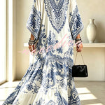 Blue and White Porcelain Print V-Neck Wide Sleeve Cover-up Maxi Dress